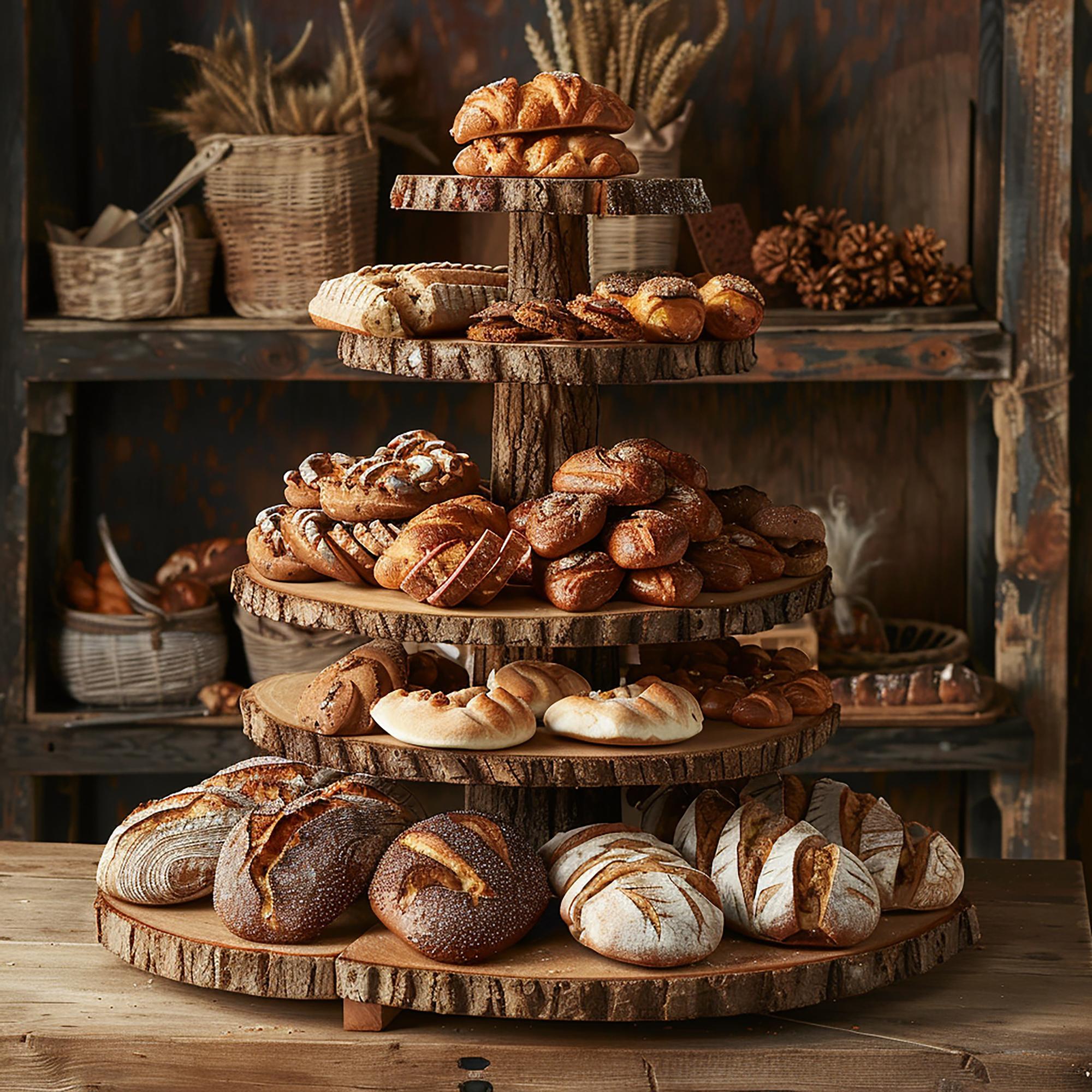Assorted artisan breads on wooden shelf